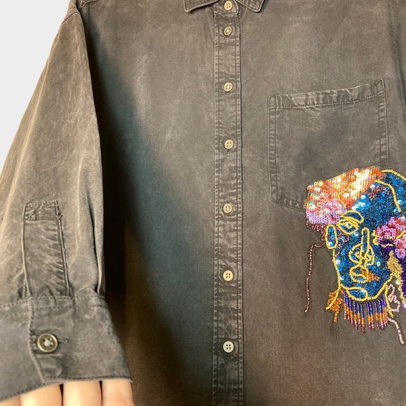 Zara Basic Denim Z1975 Embroidered Dress Sequin XS ButtonDown Collared Oversized - Picture 14 of 16